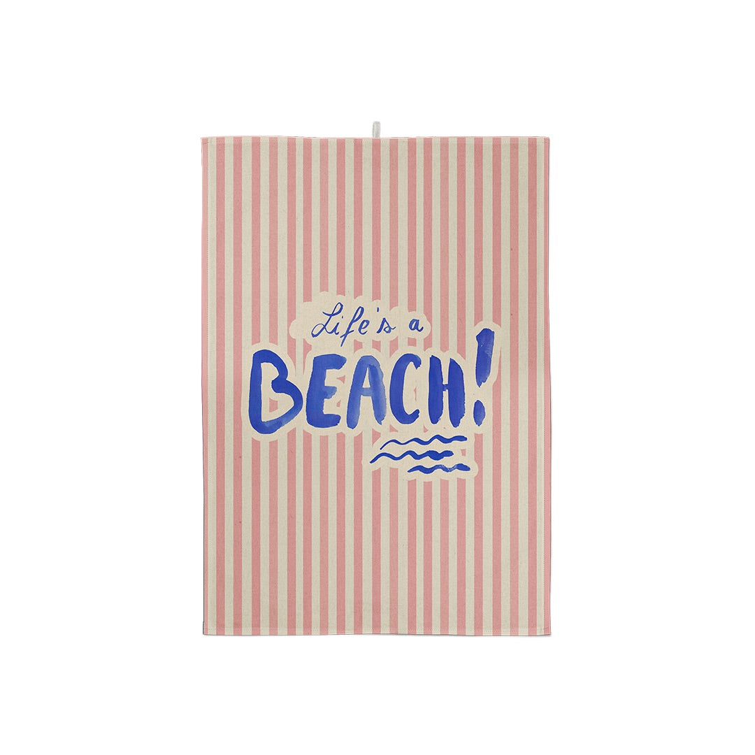 Torchon à rayures roses et blanches avec le texte bleu Life's a Beach
