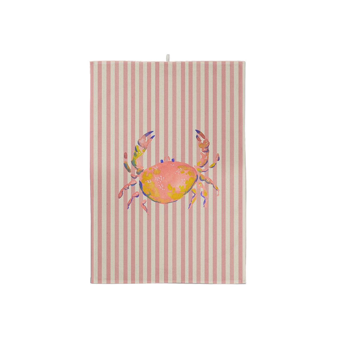 Torchon rayé rose et blanc avec illustration d'un crabe façon aquarelle