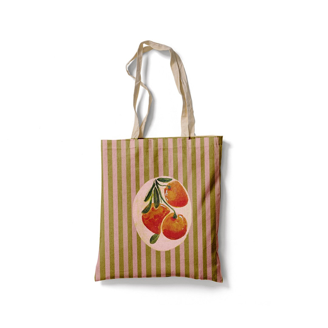 Tote Bag à rayures vertes et roses avec illustration de trois oranges, collection Coast & Valley