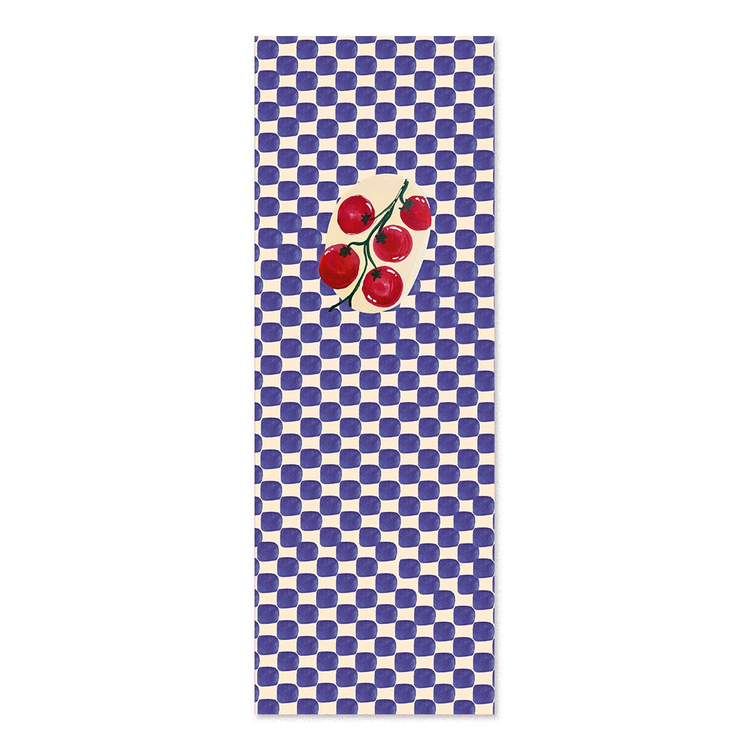 Transat motif damier bleu et blanc orné d'une grappe de tomates rouges