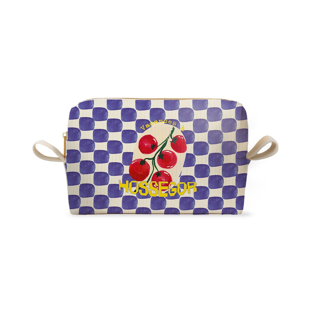 Trousse damier bleu et blanc motif tomates avec un texte personnalisable