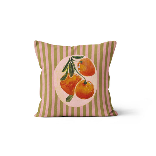Coussin à rayures vertes et roses avec illustration de trois oranges, collection Coast & Valley
