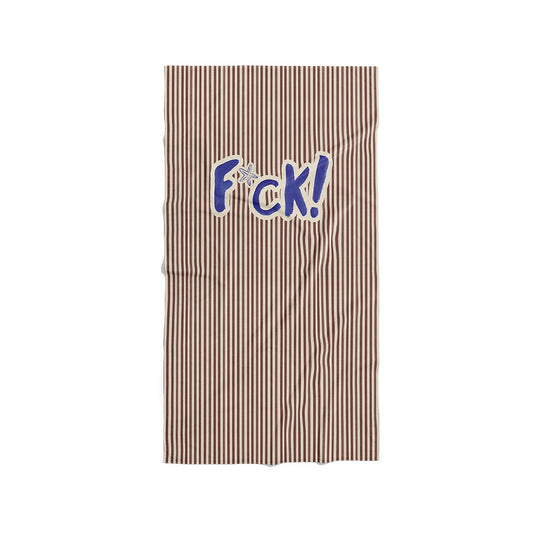 Serviette de plage à rayures marron et blanches avec le texte bleu F*ck!