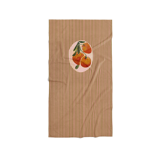 Serviette de plage à rayures vertes et roses avec illustration de trois oranges, collection Coast & Valley
