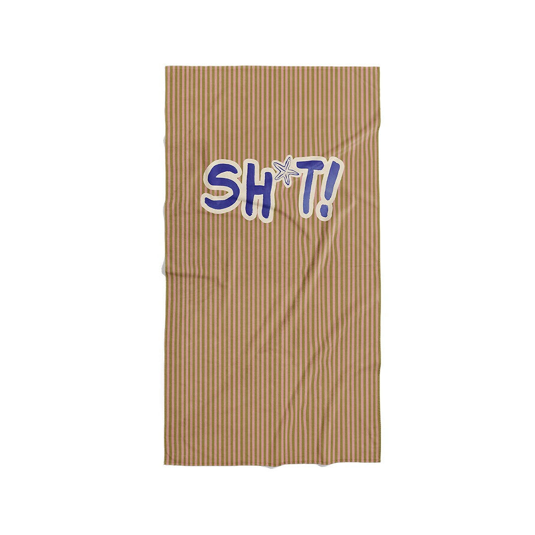 Serviette de plage à rayures vertes et roses avec le texte bleu SH*T!