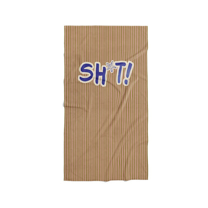 Serviette de plage à rayures vertes et roses avec le texte bleu SH*T!