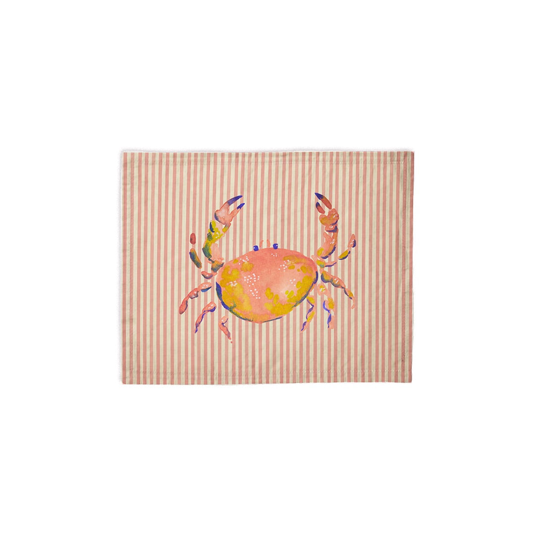 Set de table rayé rose et blanc avec illustration d'un crabe coloré façon aquarelle