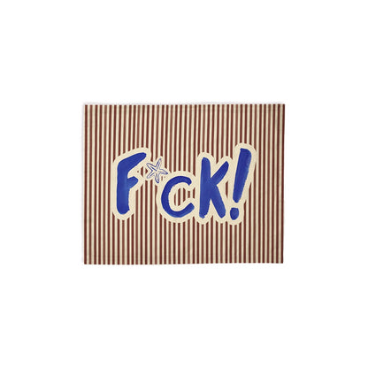 Set de table à rayures marron et blanches avec le texte bleu F*ck!