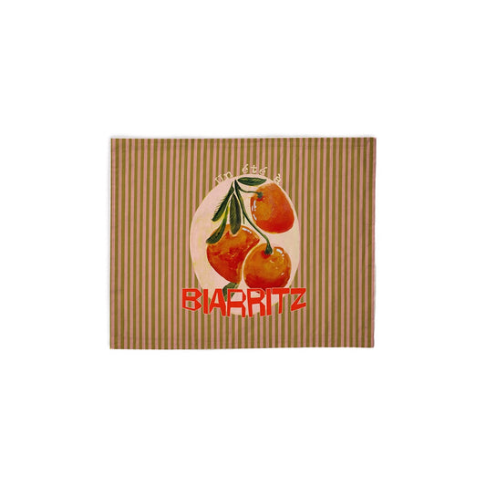 Set de table rayé vert et rose motif oranges avec un texte personnalisable
