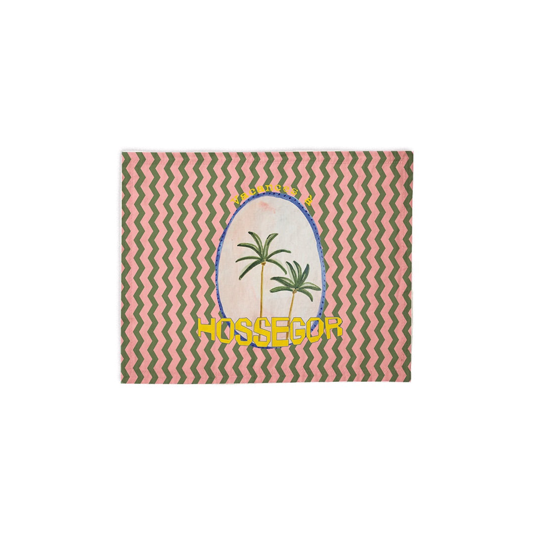 Set de table motif chevrons verts et roses avec palmiers et un texte personnalisable