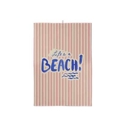 Torchon à rayures roses et blanches avec le texte bleu Life's a Beach