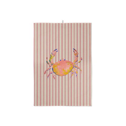 Torchon rayé rose et blanc avec illustration d'un crabe façon aquarelle