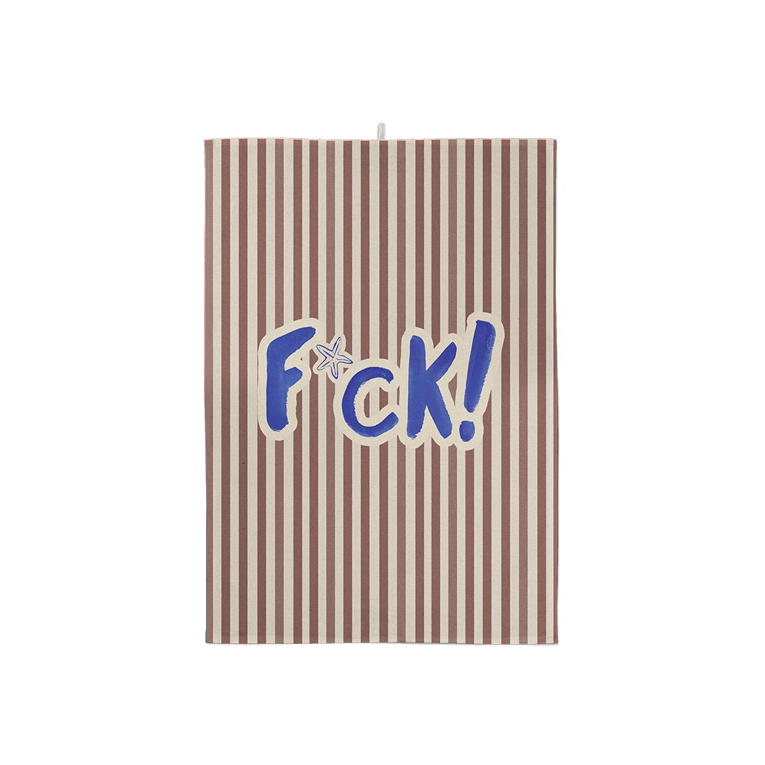 Torchon à rayures marron et blanches avec le texte bleu F*ck!