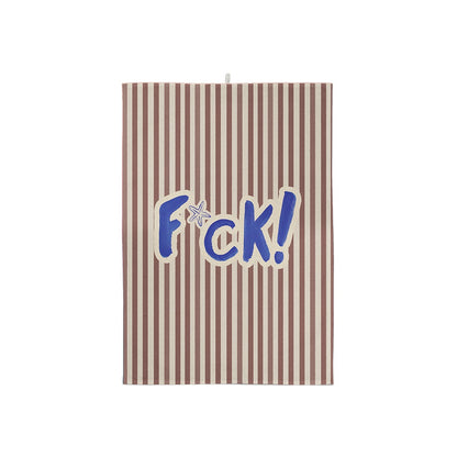 Torchon à rayures marron et blanches avec le texte bleu F*ck!
