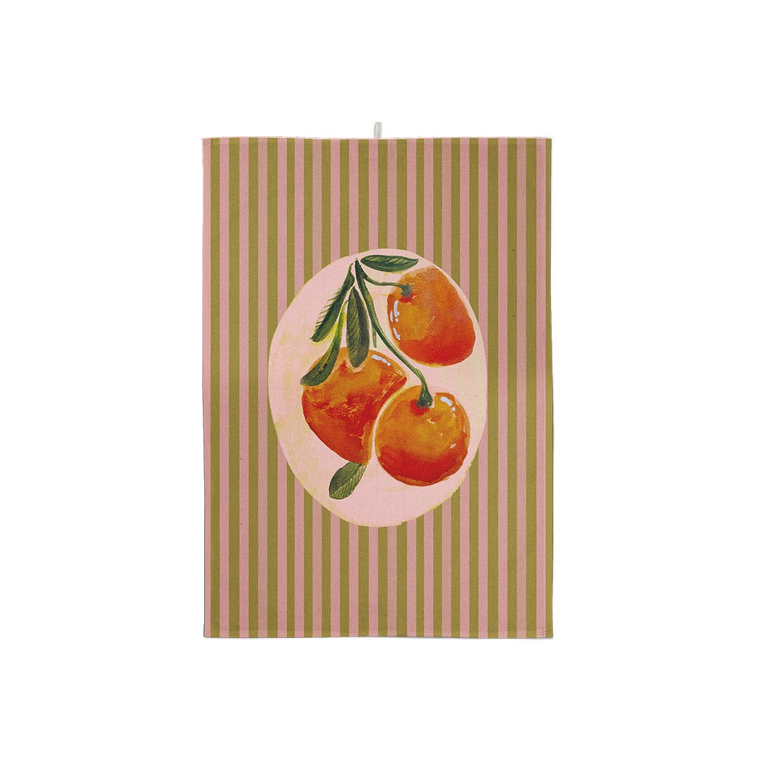 Torchon de cuisine à rayures vertes et roses avec illustration d'oranges, collection Coast & Valley