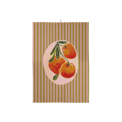 Torchon de cuisine à rayures vertes et roses avec illustration d'oranges, collection Coast & Valley