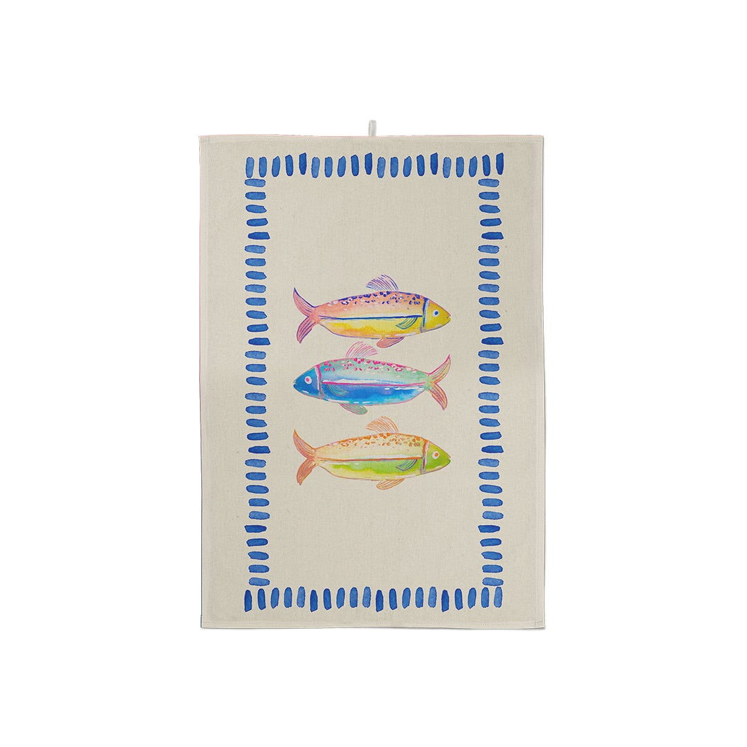 Torchon de cuisine fond beige avec trois poissons colorés et cadre en pointillés bleus