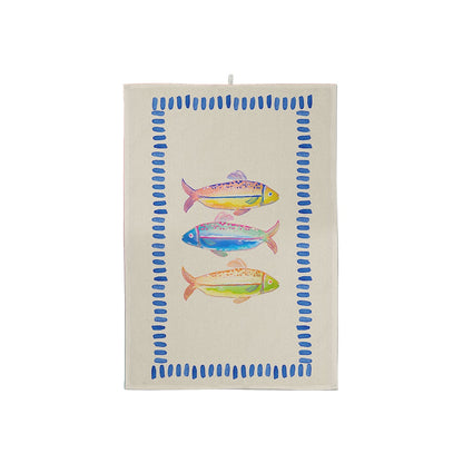 Torchon de cuisine fond beige avec trois poissons colorés et cadre en pointillés bleus