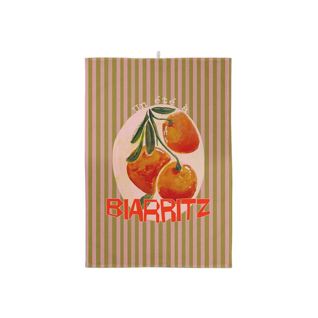 Torchon rayé vert et rose motif oranges avec un texte personnalisable au choix