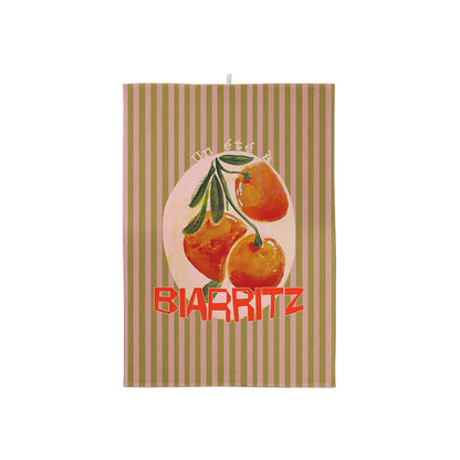 Torchon rayé vert et rose motif oranges avec un texte personnalisable au choix