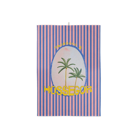 Serviette de plage rayée bleue et rose motif palmiers avec un texte personnalisable