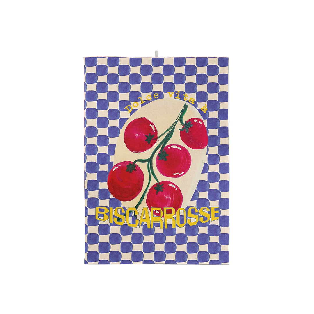 Torchon damier bleu et blanc motif tomates avec un texte personnalisable