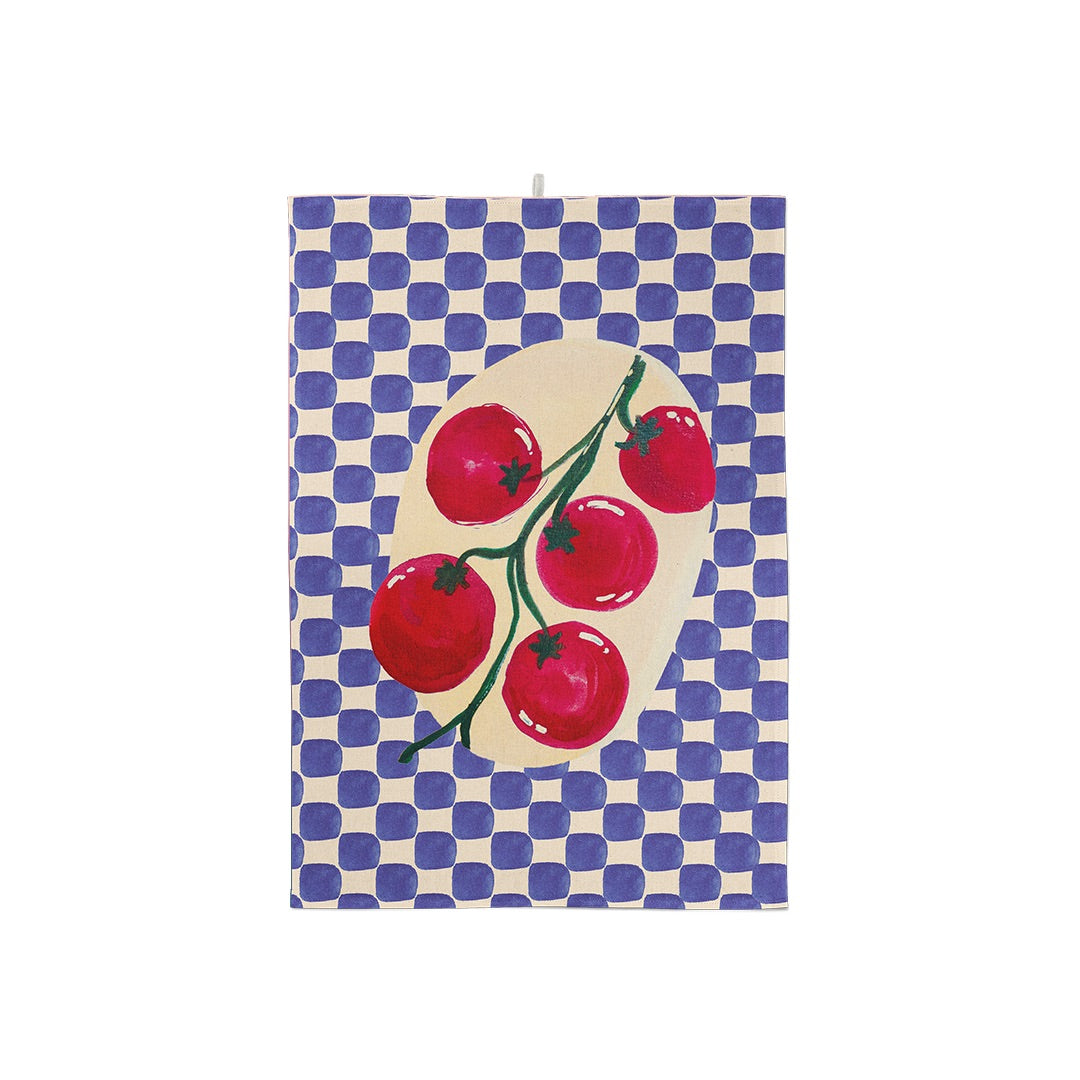 Torchon à motif damier bleu et blanc orné d'une grappe de tomates rouges