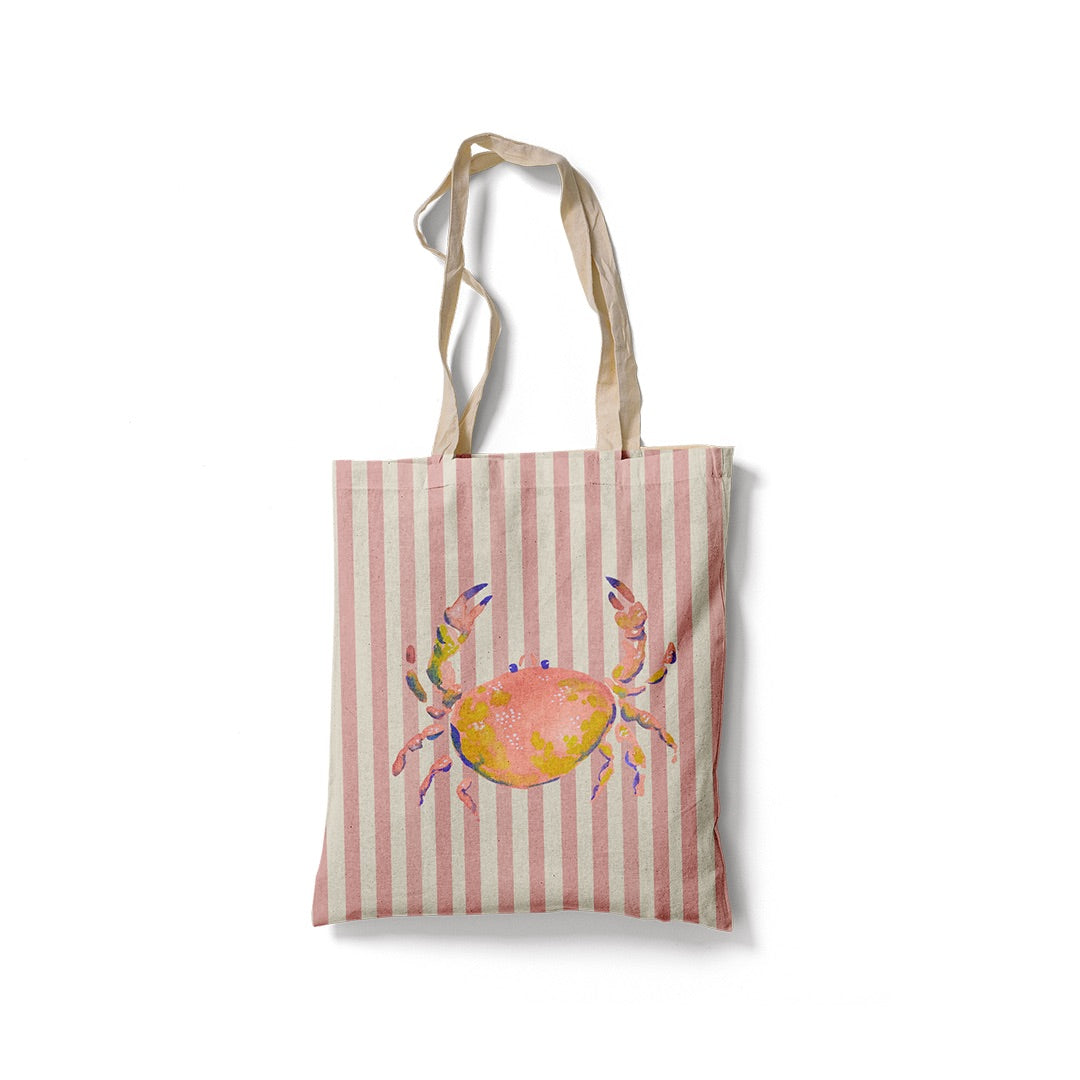 Tote Bag rayé rose et blanc avec illustration d'un crabe coloré façon aquarelle