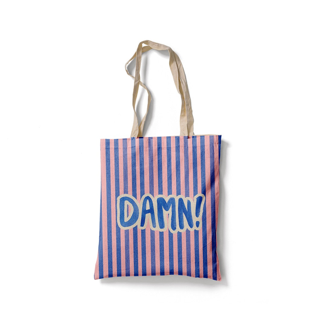Tote Bag rayé bleu et rose avec l'inscription typographique DAMN!
