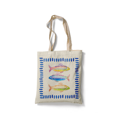 Tote Bag fond beige avec trois poissons colorés et un cadre en pointillés bleus
