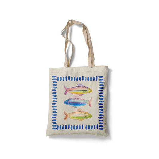Tote Bag fond beige avec trois poissons colorés et un cadre en pointillés bleus
