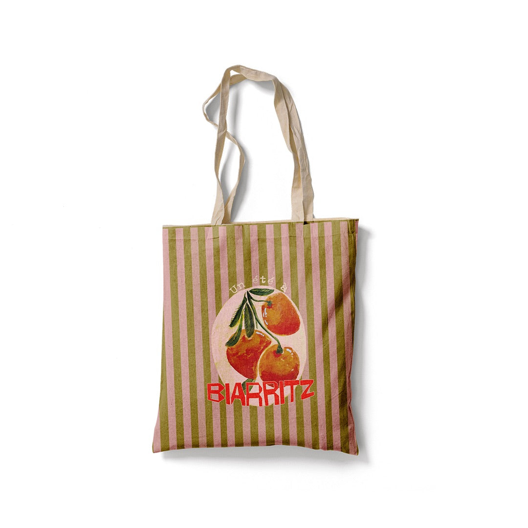 Tote Bag rayé vert et rose motif oranges avec un texte personnalisable