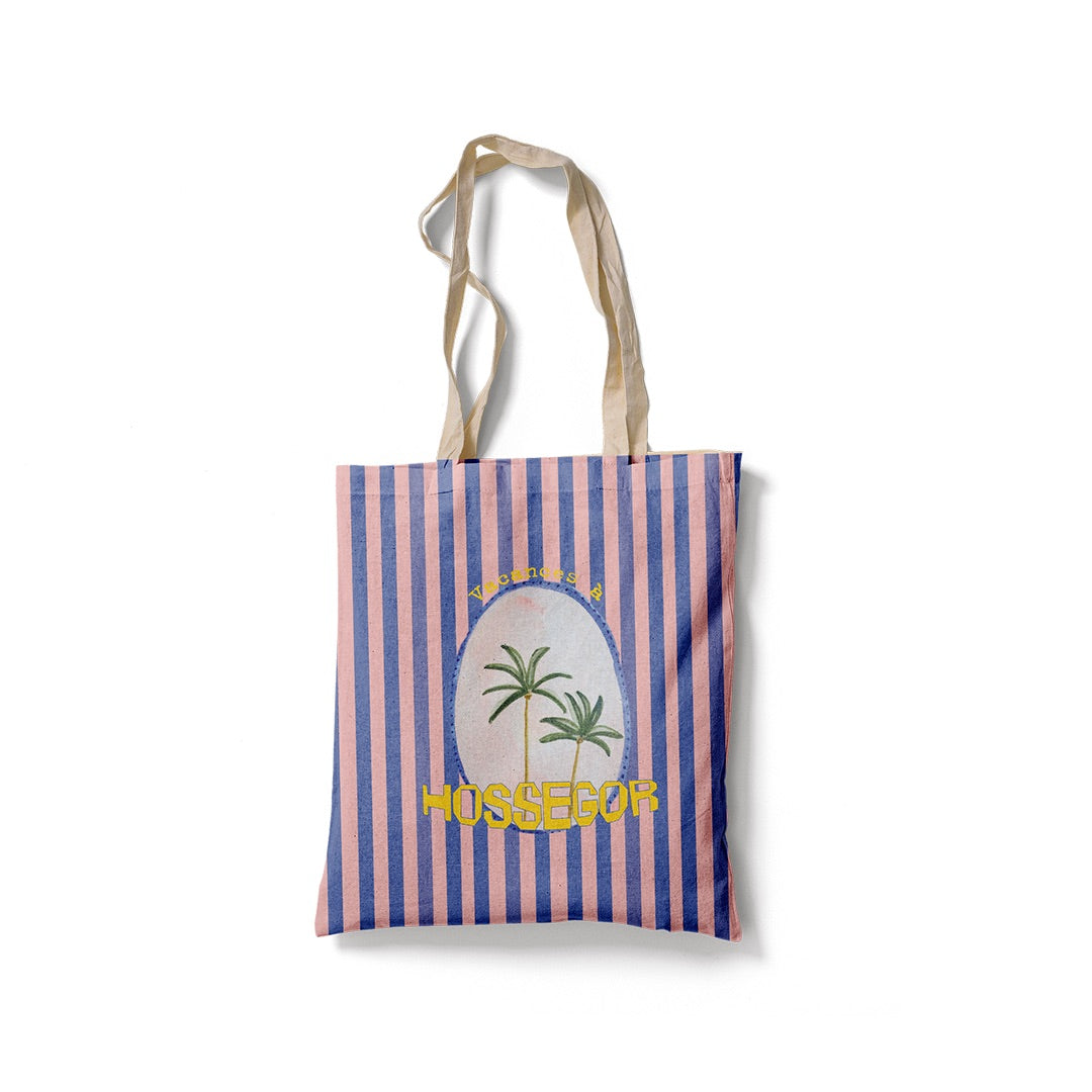 Torchon rayé bleu et rose motif palmiers avec un texte personnalisable