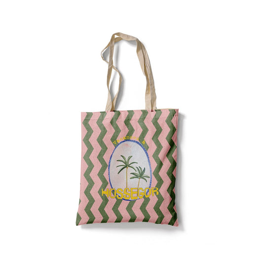 Torchon motif chevrons verts et roses avec palmiers et un texte personnalisable