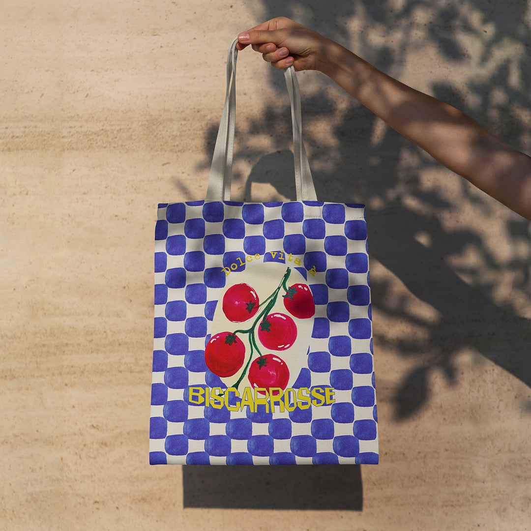 Tote Bag damier bleu et blanc motif tomates avec un texte personnalisable