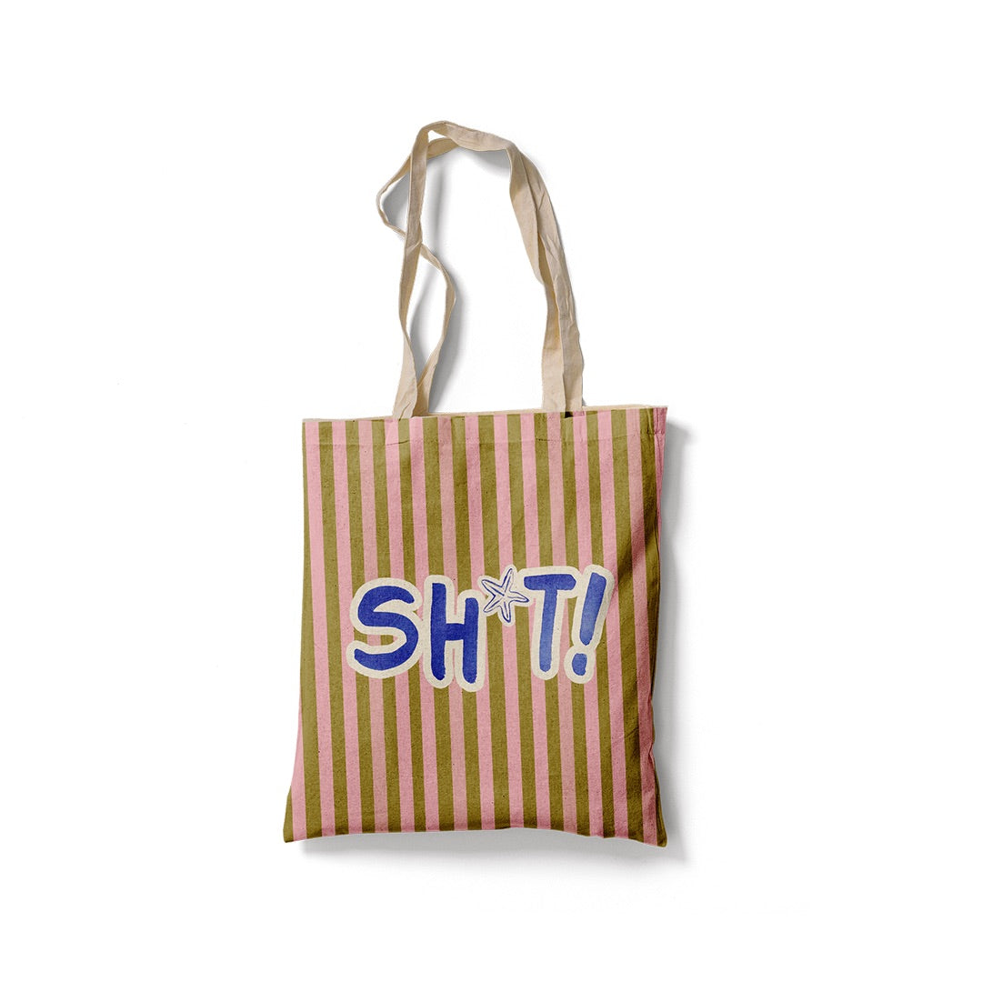 Tote Bag à rayures vertes et roses avec le texte bleu SH*T!