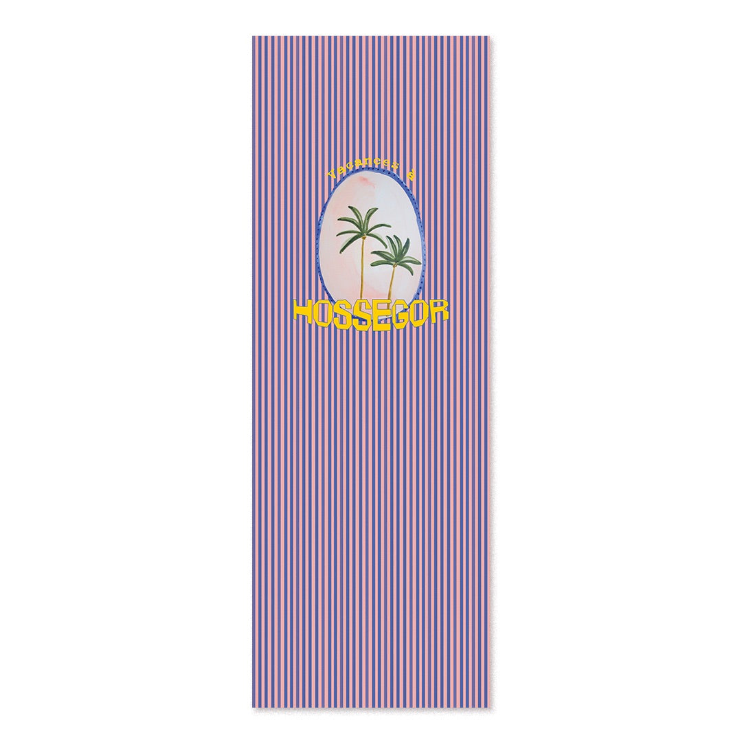 Transat rayé bleu et rose motif palmiers avec un texte personnalisable