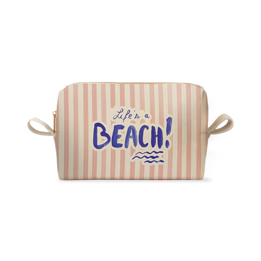 Trousse à rayures roses et blanches avec le texte bleu Life's a Beach