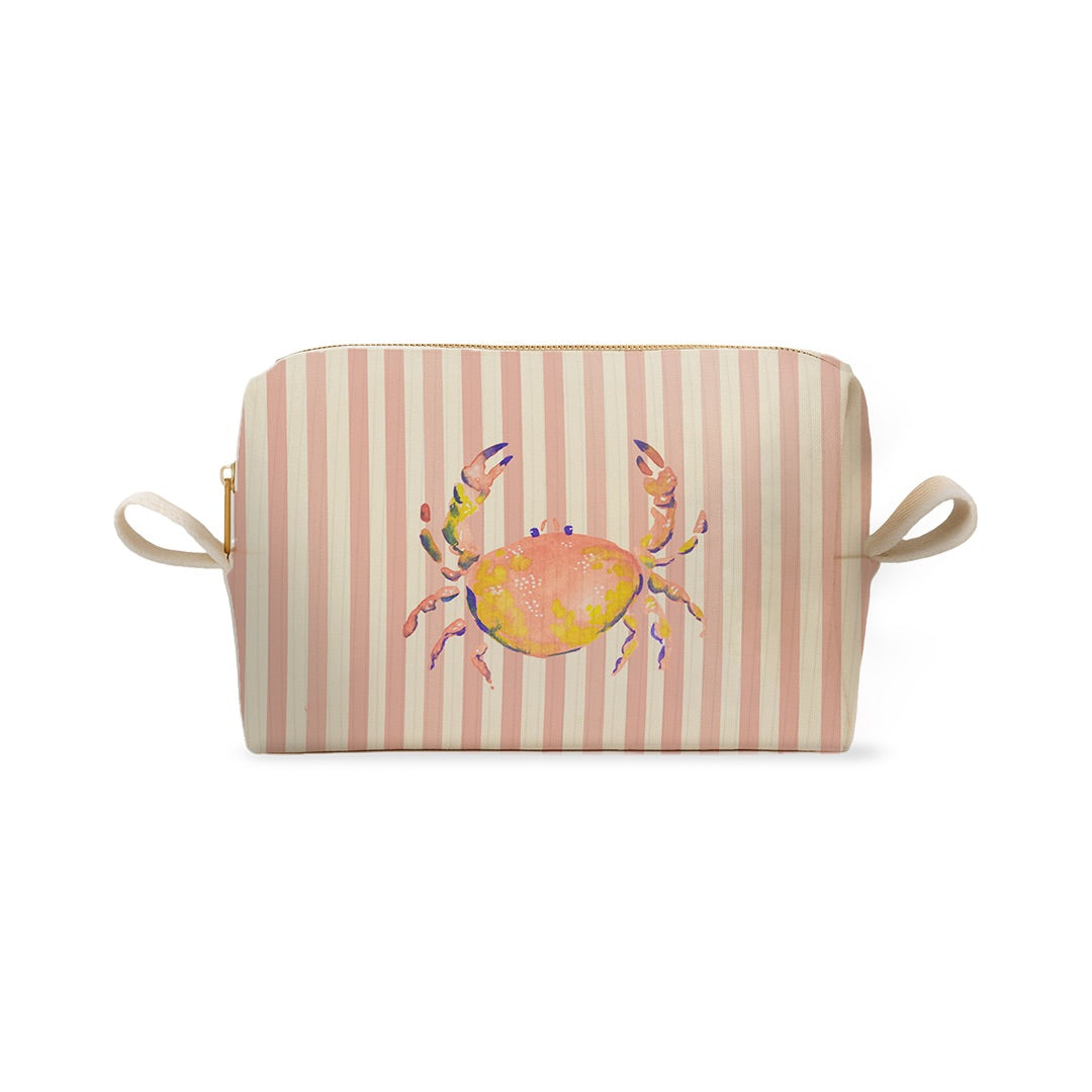 Trousse rayée rose et blanche avec illustration d'un crabe coloré façon aquarelle