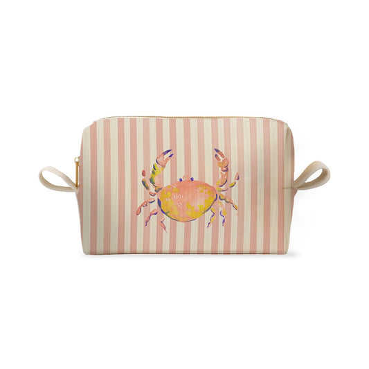 Trousse rayée rose et blanche avec illustration d'un crabe coloré façon aquarelle