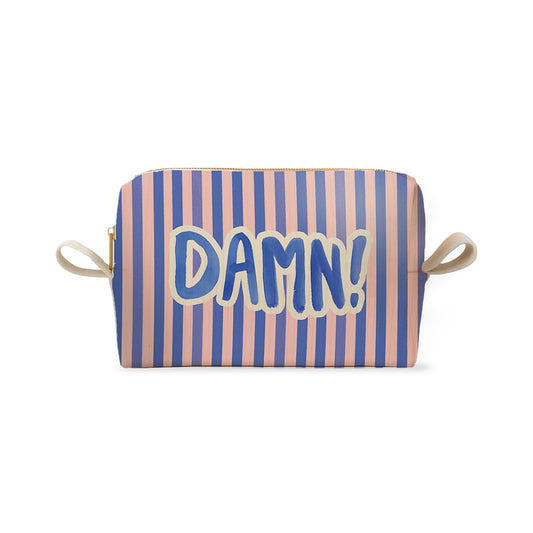 Trousse rayée bleue et rose avec l'inscription typographique DAMN!