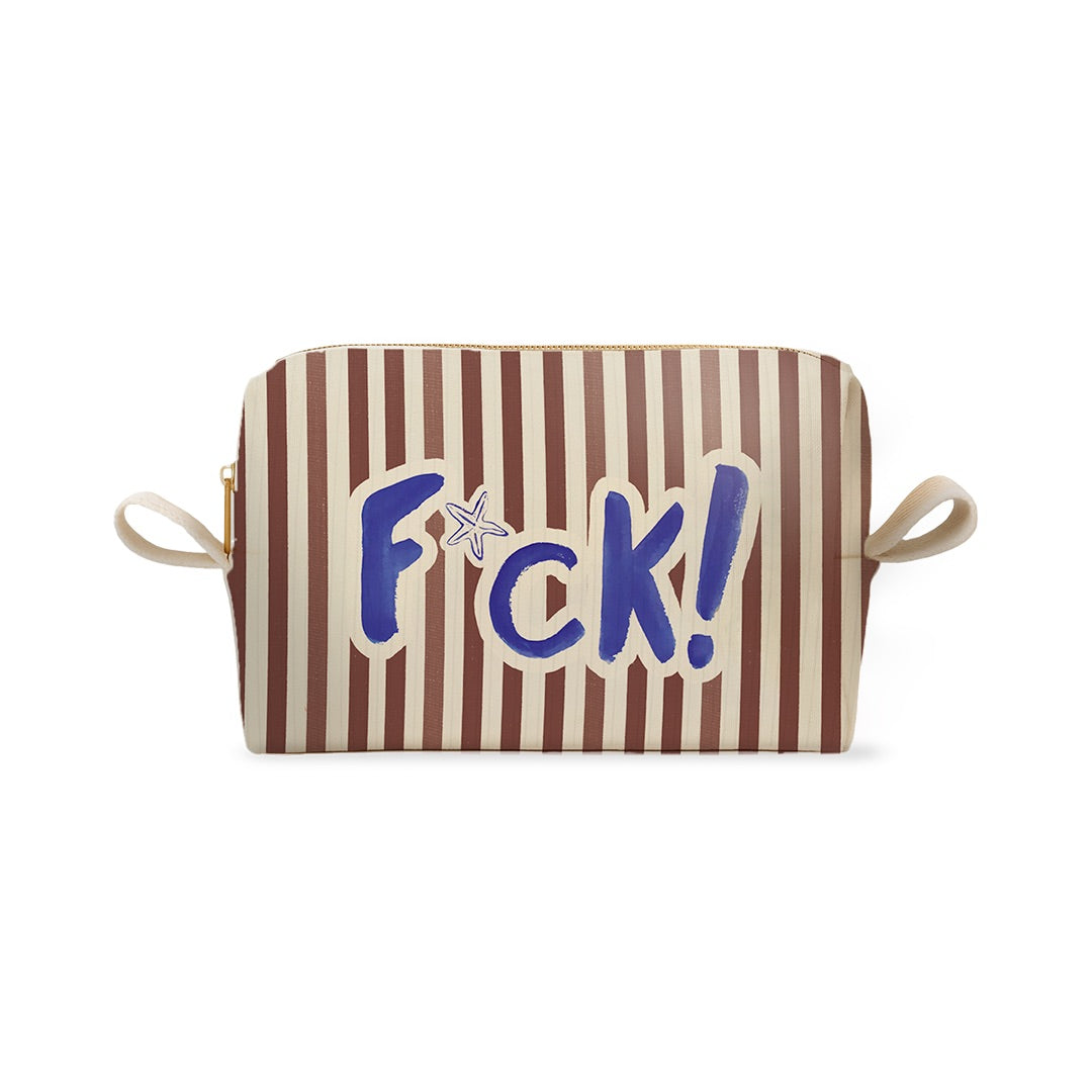 Trousse à rayures marron et blanches avec le texte bleu F*ck!