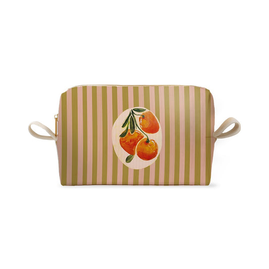 Trousse à rayures vertes et roses avec illustration de trois oranges, collection Coast & Valley