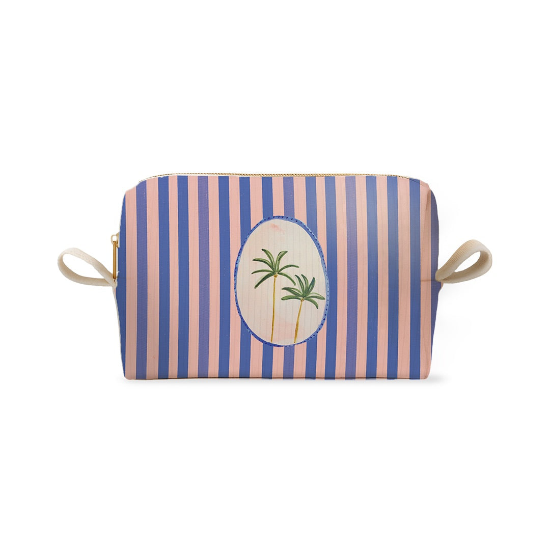 Trousse à rayures bleues et roses avec motif de palmiers dans un médaillon, Coast & Valley