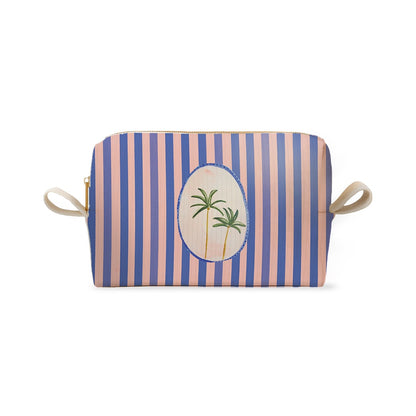 Trousse à rayures bleues et roses avec motif de palmiers dans un médaillon, Coast & Valley