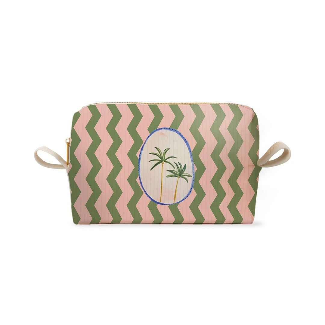 Trousse à chevrons verts et roses avec motif de palmiers au centre