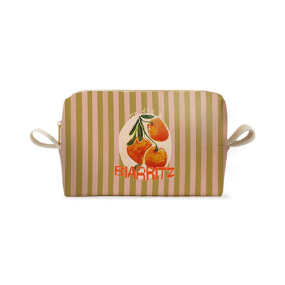 Trousse rayée vert et rose motif oranges avec un texte personnalisable au choix