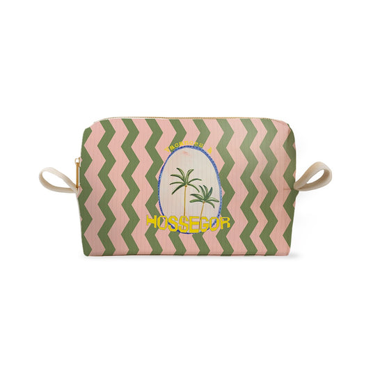 Trousse motif chevrons verts et roses avec palmiers et un texte personnalisable