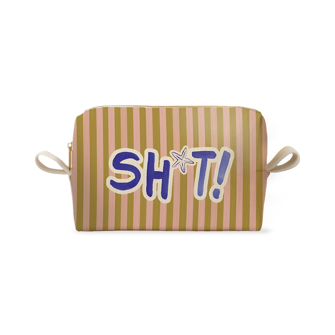 Trousse à rayures vertes et roses avec le texte bleu SH*T!