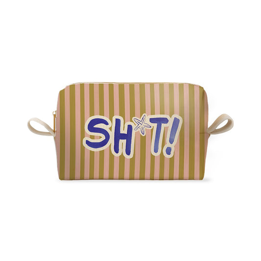 Trousse à rayures vertes et roses avec le texte bleu SH*T!